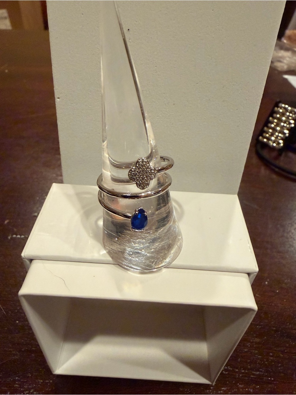 Blue Sapphire and CZ Clover on Rhodium